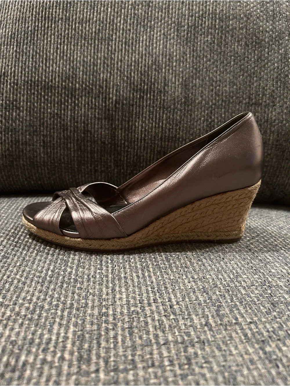Cole Haan Metallic Brown Peep-Toe Espadrille Wedges size 7.5 Great Condition